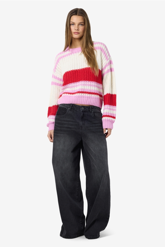 NMCHARLIE L/S O-NECK STRIPE KNIT NO 27020786 Birch/TOMATO+BON BON